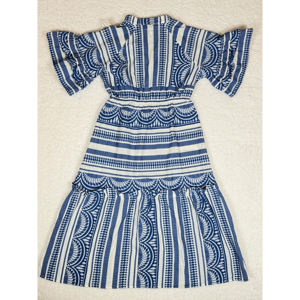 Pearl & Caviar S/M Blue White Geometric Print Tassel Midi Dress Pockets Boho - Picture 3 of 10